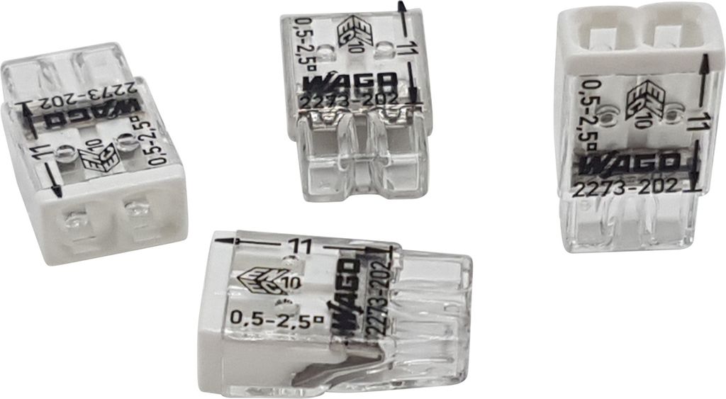 20 Stück Wago 2273-202 COMPACT-Verbindungsdosenklemme Ø 0,5-2,5 mm², 2-polig, transparent/weiß