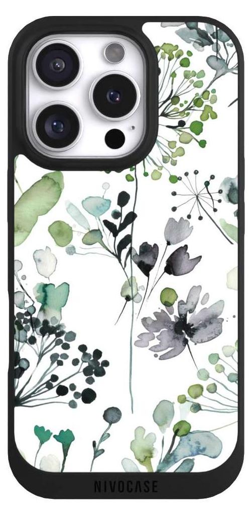 NIVOCASE Handyhülle für Apple iPhone 16 Pro Hülle NIVOpure Case Schwarz Blumen Wasserfarbe Eukalyptus