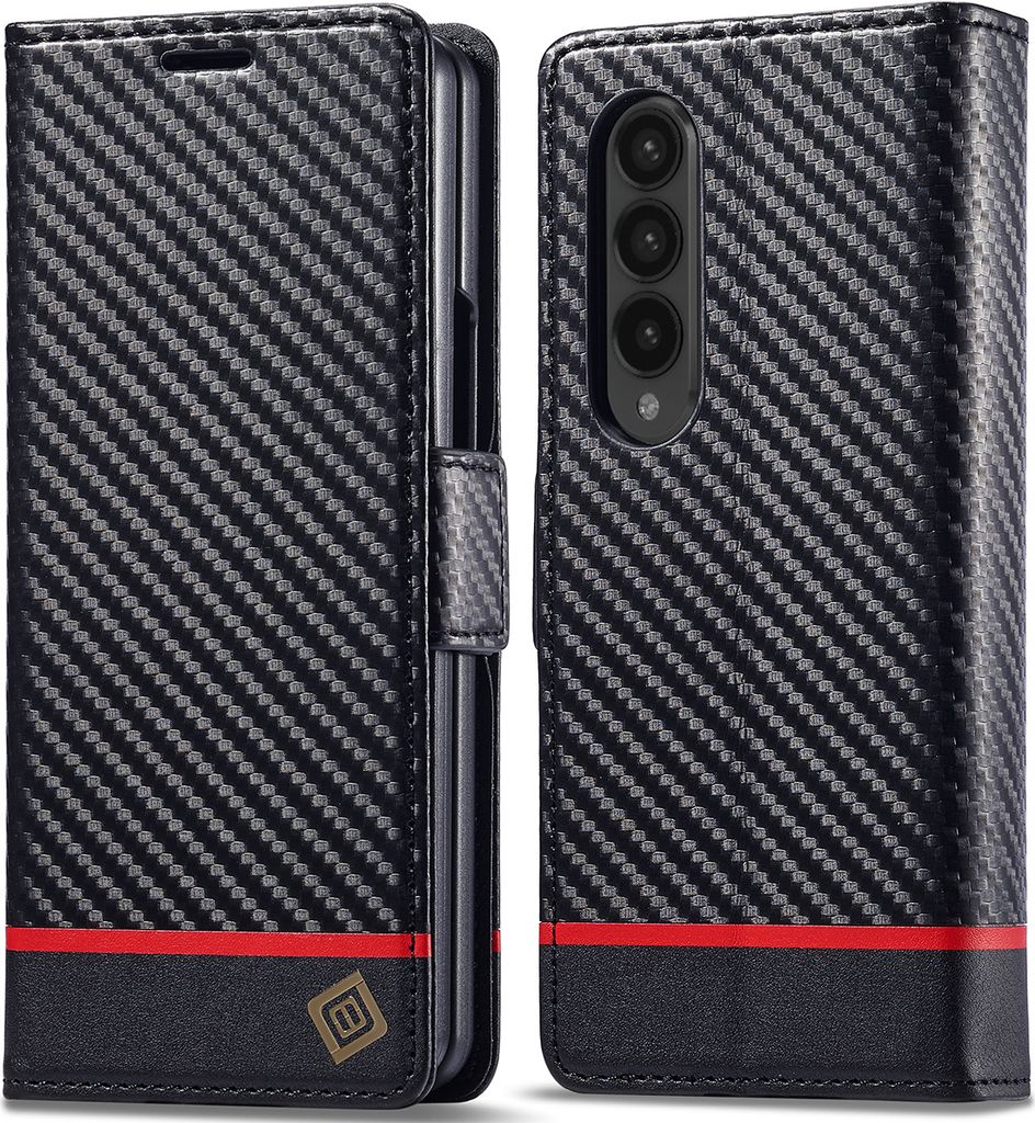 Hülle für Samsung Galaxy Z Fold 4 5G Kohlefaser Leder Brieftasche Schutzhülle mit Standfunktion Schwarz Horizontal Rot
