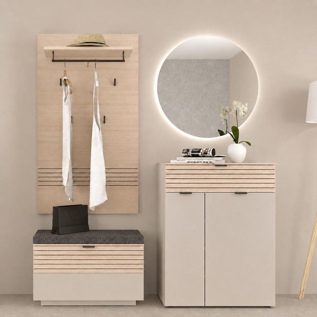 Garderoben Set in Beige mit Eiche, Paneel & Bank & LED Spiegel & Schuhschrank, mit Beleuchtung, 4-teilig - ISCHIA-36