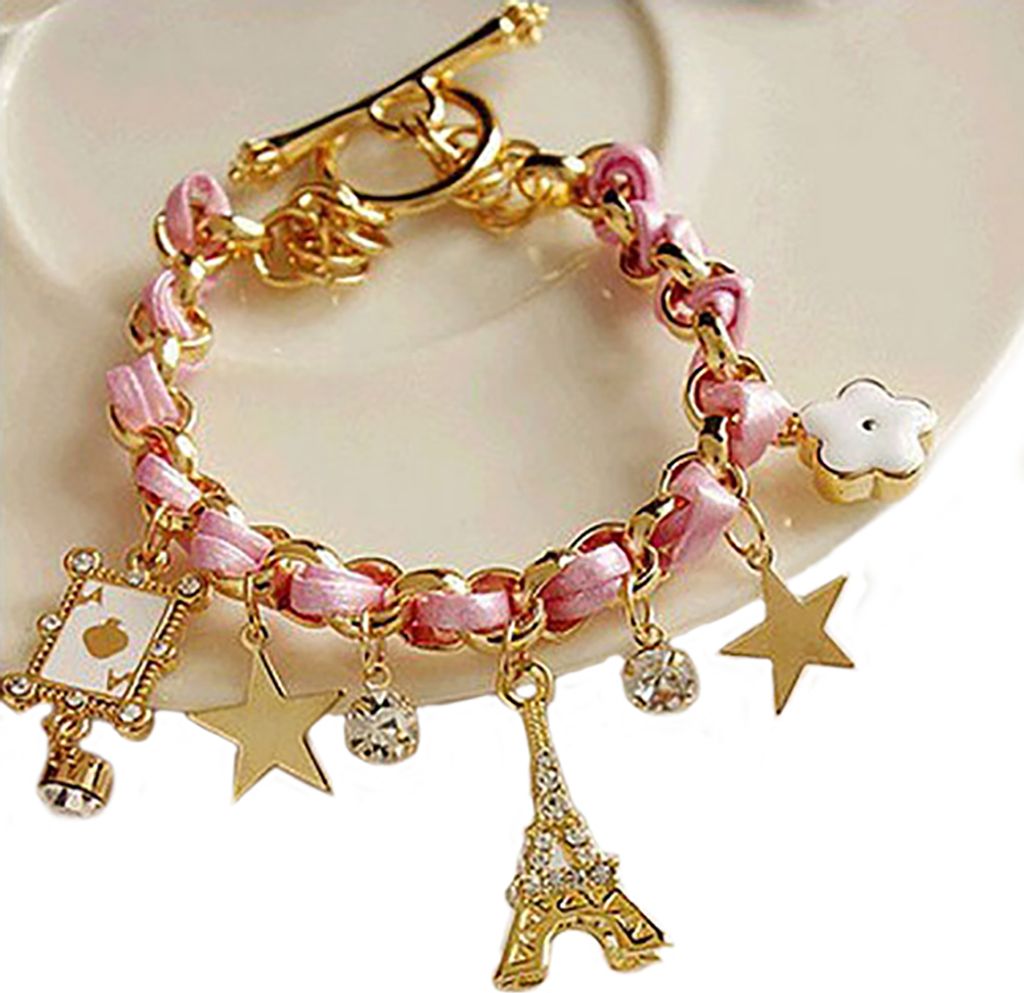 Frauen Mode Eiffelturm Sterne Blume Poker Anhänger Kunstleder Armband Schmuck-Rosa