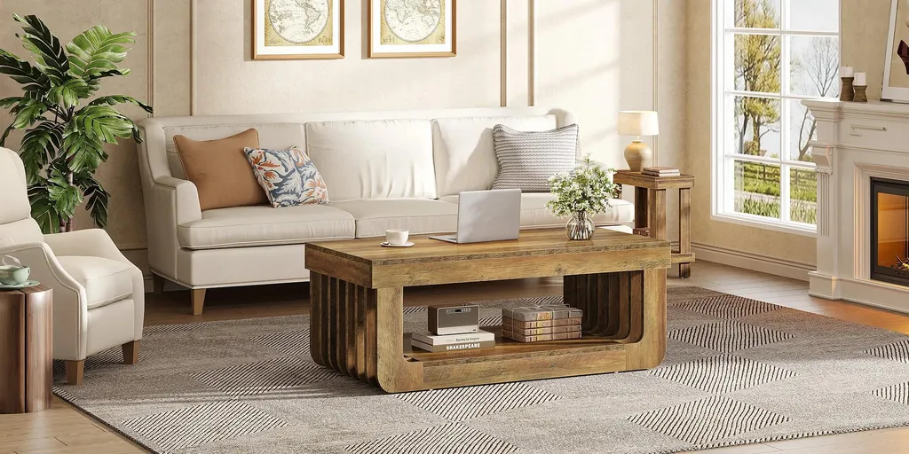 Table basse bois MDF 2 niveaux brun rustique grand format 120x60 cm - 9