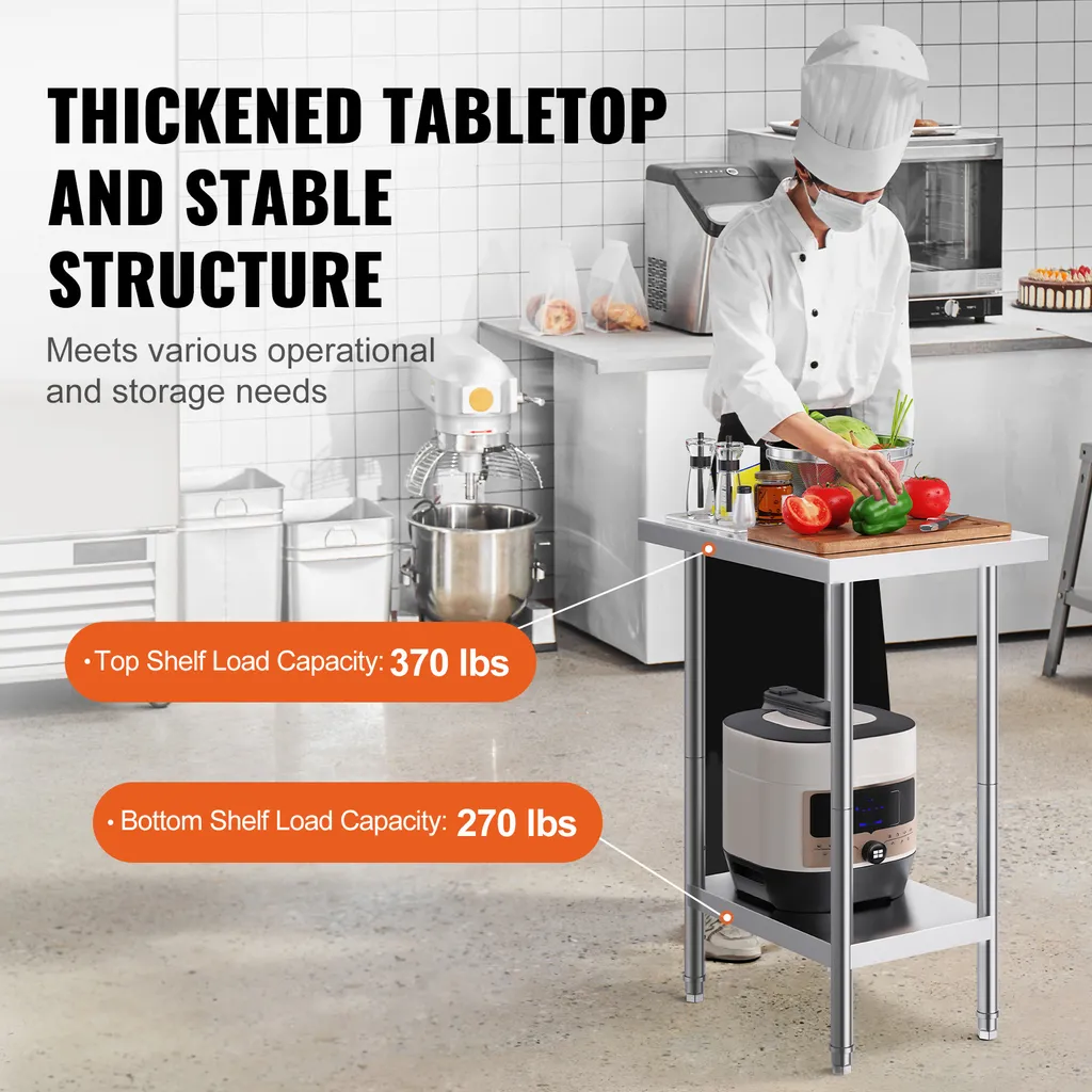 SucceBuy tavolo di preparazione in acciaio inox, 61 x 45 x 86 cm, portata 290 kg, robusto tavolo da lavoro in metallo con 3 livelli di altezza regolabili, postazione di lavoro commerciale per cucina, garage, ristorante - 3