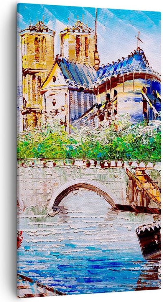 Bild auf Leinwand - Leinwandbild - Boot Fluss Brücke Zeichnung - 55x100cm - Wand Bild - Wanddeko - Leinwanddruck - Bilder - Kunstdruck - Wanddekor...