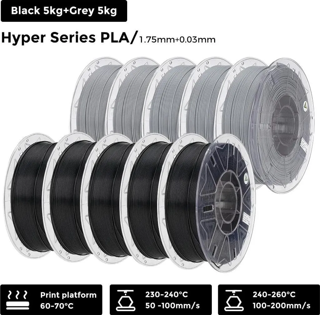 Filament PLA pour Prototypage Rapide 3D, Pack 10 Bobines Noir et Gris