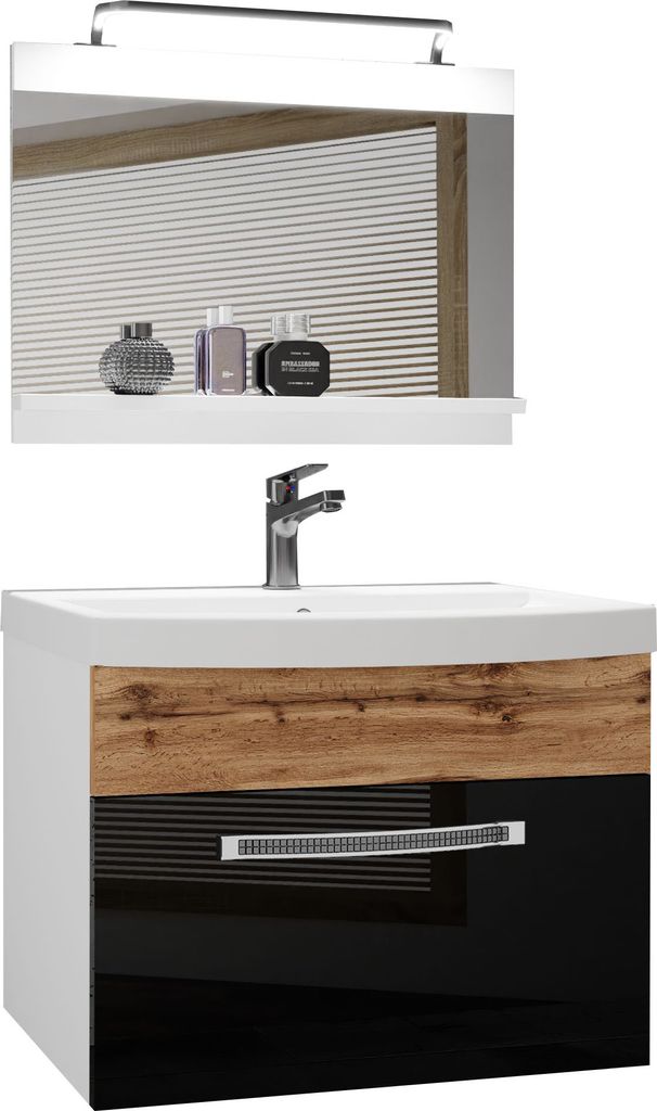 BELINI Badmöbel Vollausstattung Set Waschbeckenschrank, Waschbecken, Spiegel, Lampe (Schwarz / Eiche Wotan, Glänzend und Matt)