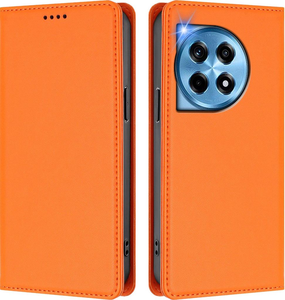Handyhülle für OnePlus 12R, Kunstleder Klapphülle Stoßfeste Magnetische Hülle mit Ständer Orange