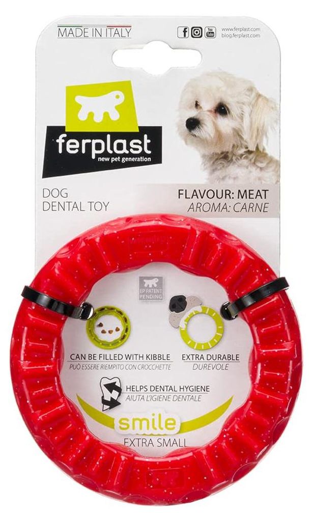 Ferplast Gioco Cane, Anello Dispenser Crocchette Cani, in Materiale Durevole da Masticare, Aroma Carne, per Igiene Dentale, SMILE Anello Fitness, Gioc