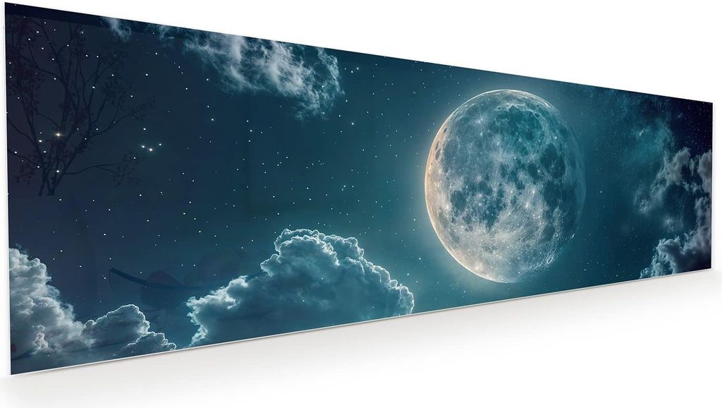 Glasbild 120x40cm in XXL für Wohnzimmer, Schlafzimmer Motiv Mond über Wolken