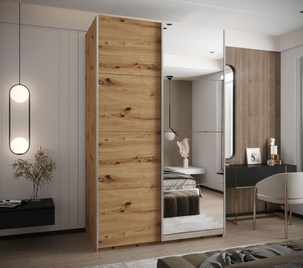 Zweitüriger Kleiderschrank SAMARA 3 - 150 cm, Eiche handwerklich / Silber