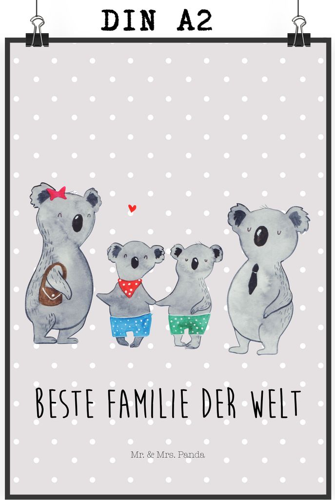 Mr. & Mrs. Panda Bild Koala Familie zwei DIN A2 - Grau Pastell - Geschenk, Muttertag, Wanddekoration, wanddeko, Wandbild, Koalabär, Designposter, ...