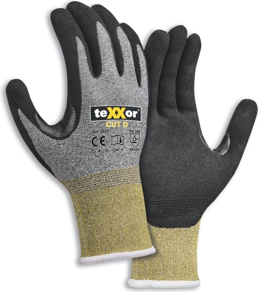 teXXor Schnittschutz-Strickhandschuhe CUT D, Grau-meliert/Gelb/Schwarz