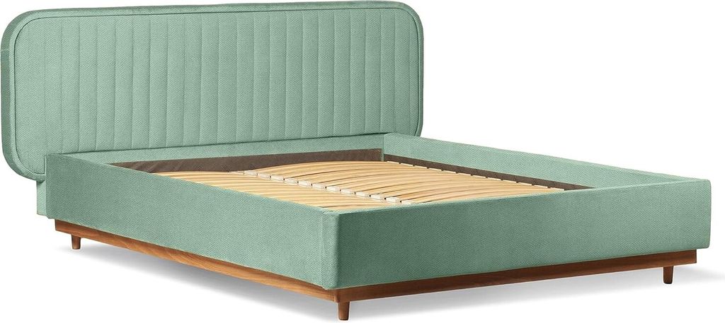 Delikate Gepolstertes Bett mit Kopfteil - Doppelbett mit Lattenrost - Design Polsterbett im Retro Stil - Schlafzimmer Möbel auf Holzbeinen, Farbe:...