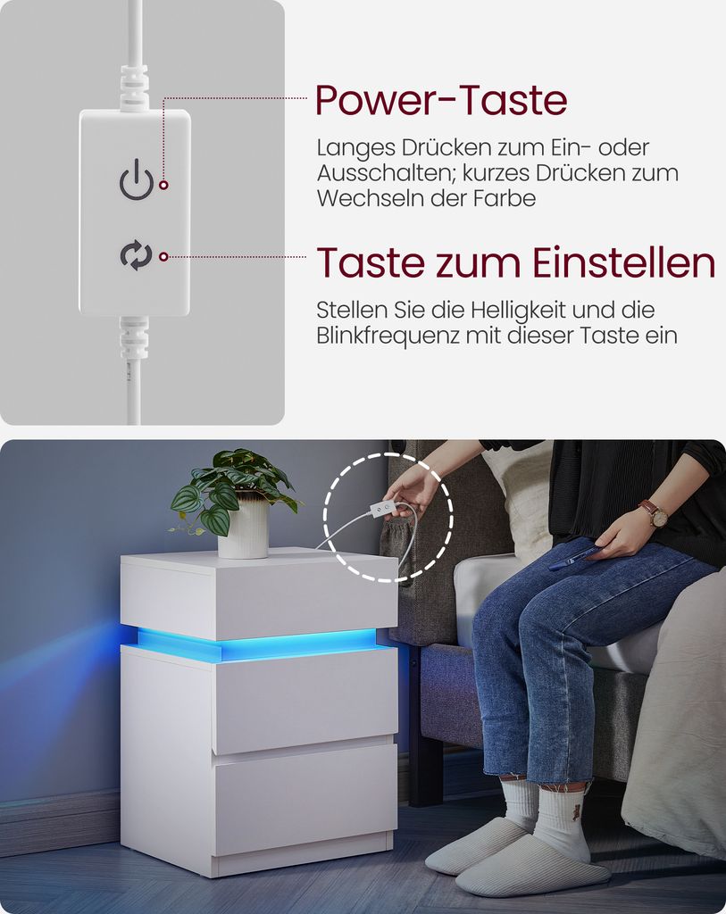 Szafka nocna VASAGLE z oświetleniem LED, z 3 szufladami, Zdjęcie produktu 14