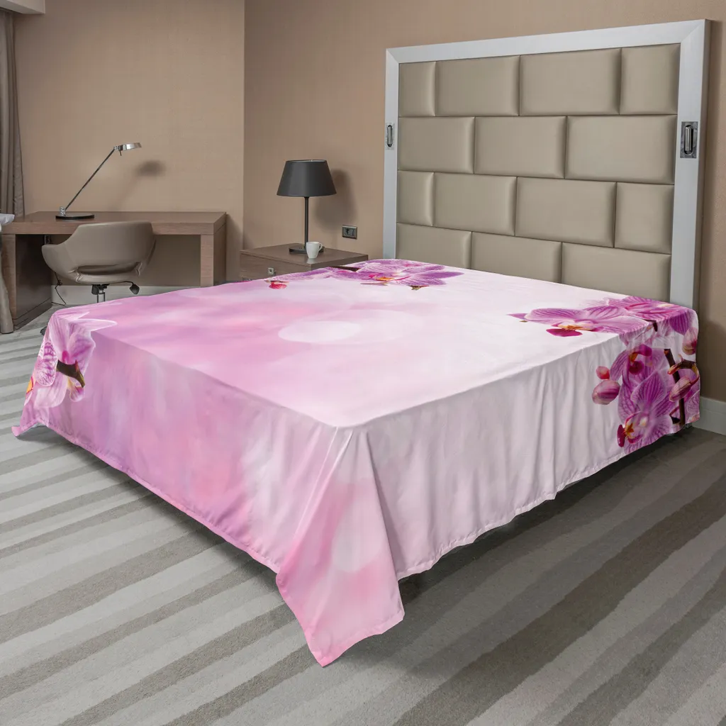 Drap de lit décoratif motif fleurs d'orchidée rose - Drap plat 244x205cm