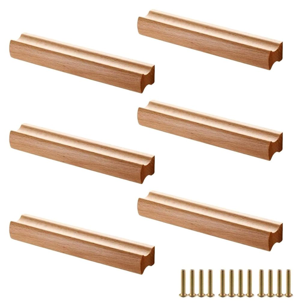 Möbelgriffe aus Holz, Schrankgriffe mit Schrauben, Lochabstand 128 mm, für Schränke, Büros und Küchen, 6 Stück