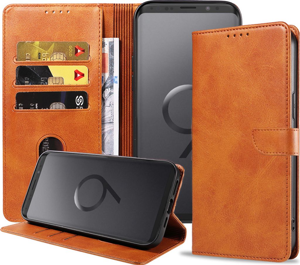 Geschikt voor Samsung Galaxy S9 Telefoonhoesje Kunstleer met Magnetisch lipje en Pasjeshouder Book Case met Klepje - Bruin - Smartphonica
