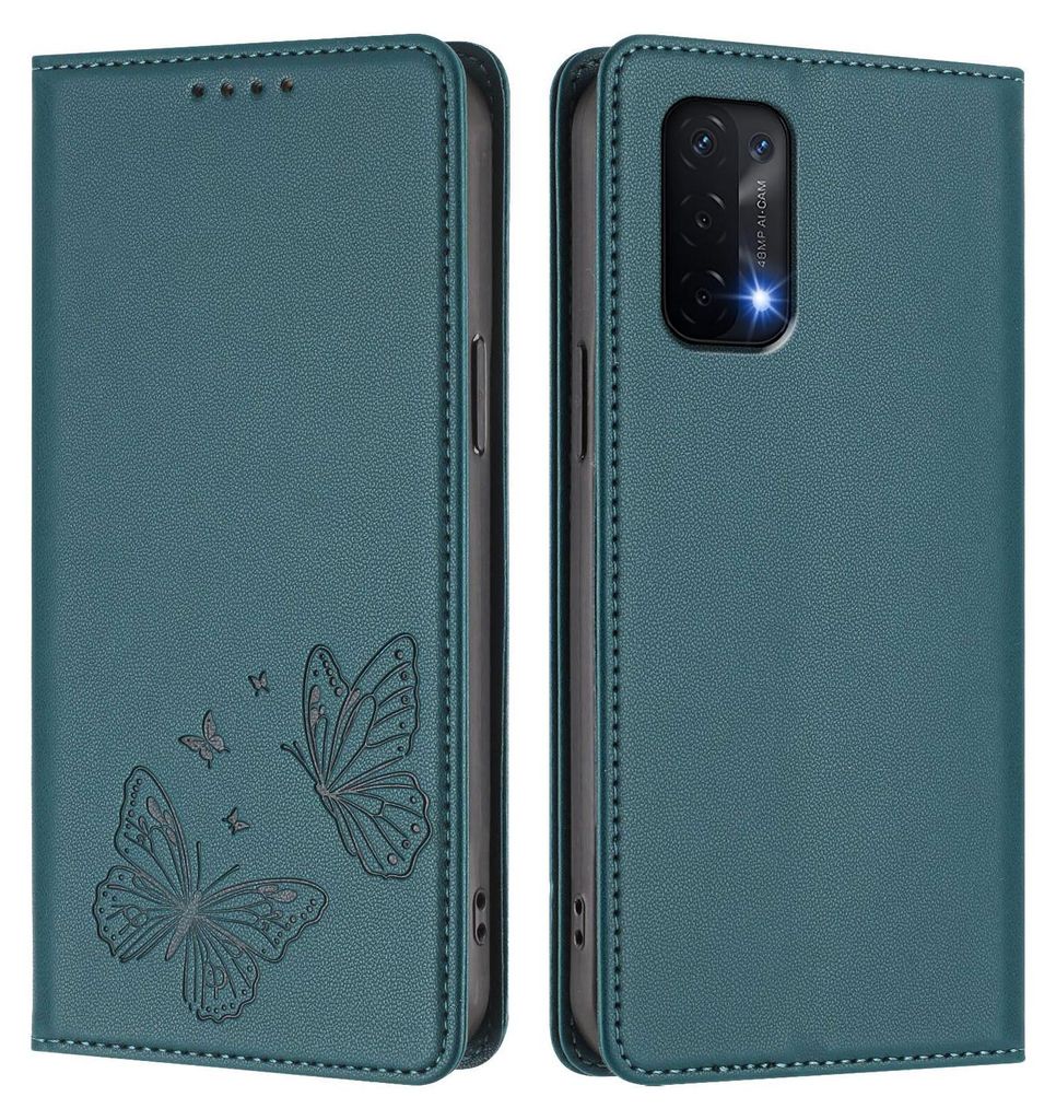 Lederhülle für Oppo A54 5G/Oppo A74 5G, Schmetterling Prägung Leder Brieftasche Schutzhülle mit Ständer Grün