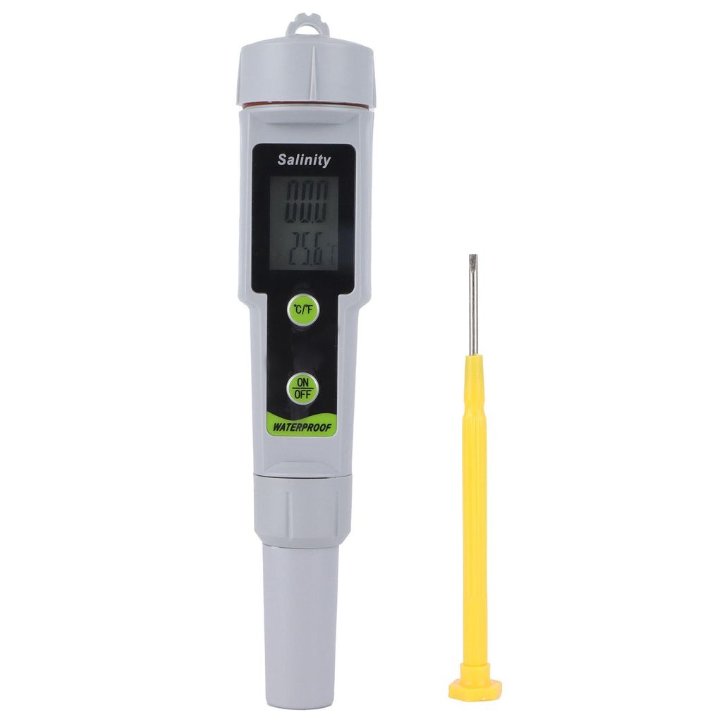 A digital salinity tester pen and a yellow calibration tool are shown against a white background.
