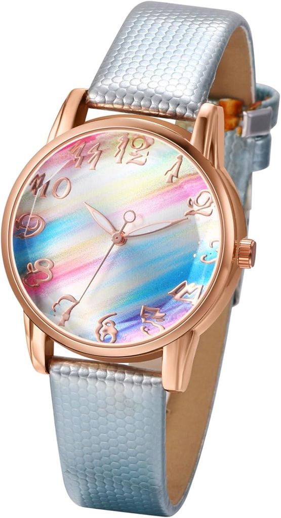 Damenuhren Bohemian Regenbogen Zifferblatt Analoge Quarzwerk Armbanduhren Meerjungfrauenfarben Uhr mit Glänzendes Kunstlederarmband Geschenke für...