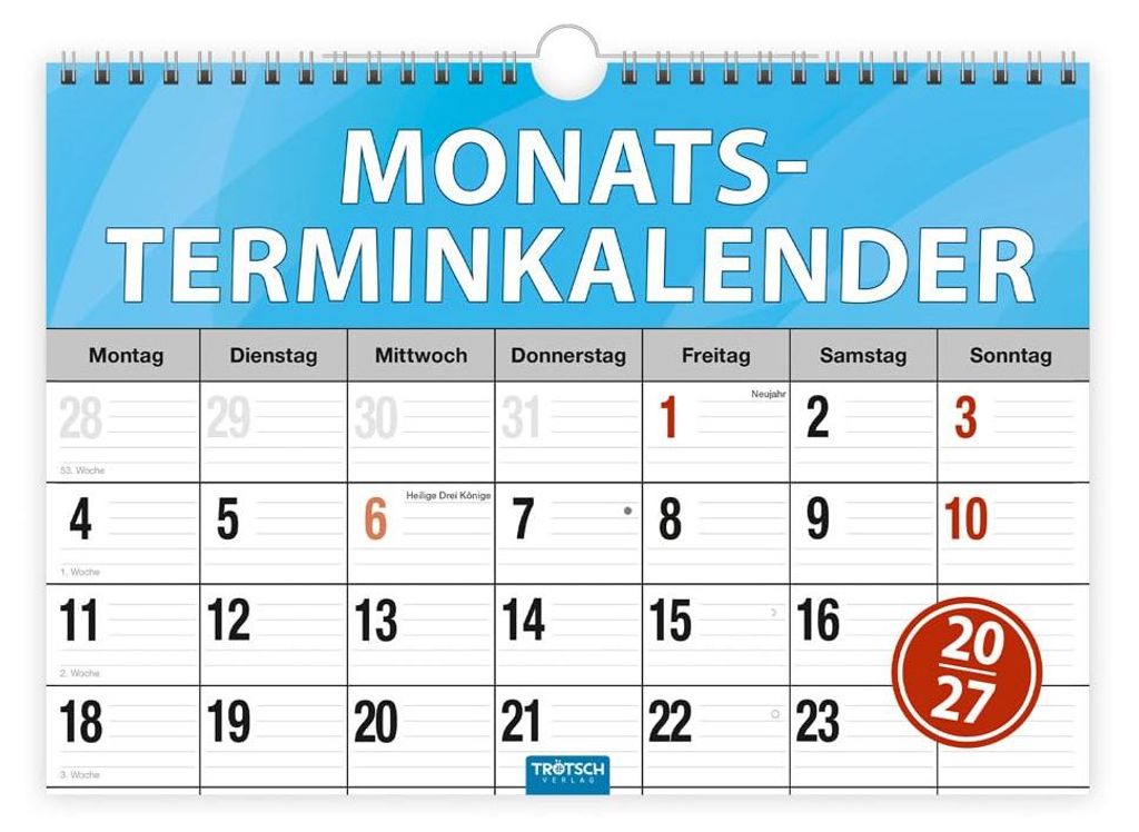 TRÖTSCH - Monatsterminer Monatsterminkalender 2027 mit Wire-O-Bindung