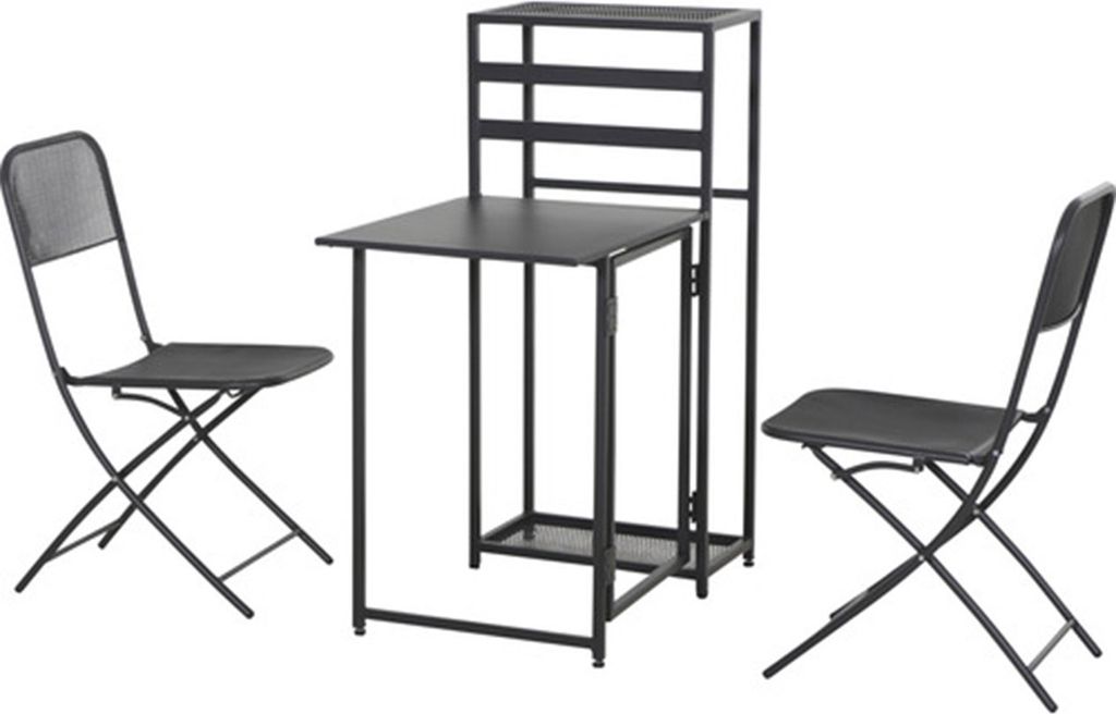 A black metal balcony set with a table and two chairs, shown against a white background.