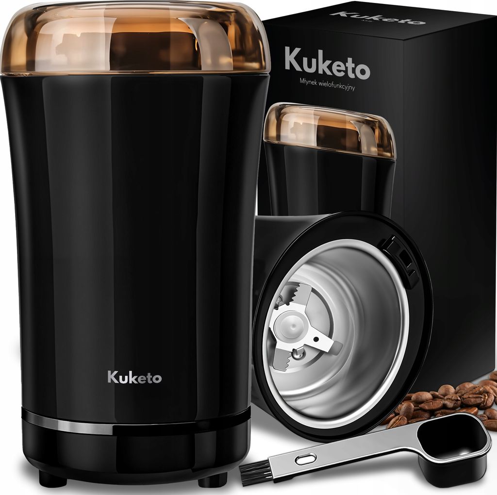 Kuketo | Elektrische Kaffeemühle 200W Schwarz Mit Gold – Leistungsstarker Kaffee- Und Gewürzmühle Für Bohnen, Nüsse & Getreide