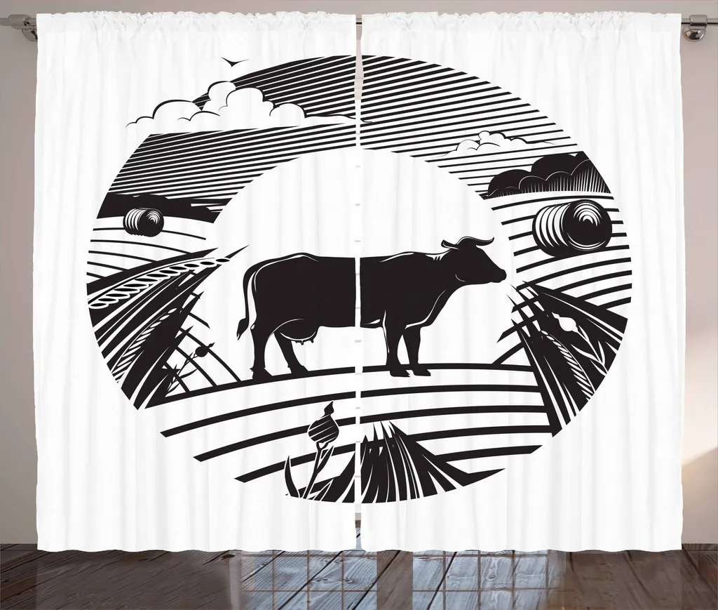 ABAKUHAUS Il bestiame Tenda rustica, paesaggio rurale Campagna, camera da letto Tenda con passanti e ganci, 280 x 175 cm, bianco e nero
