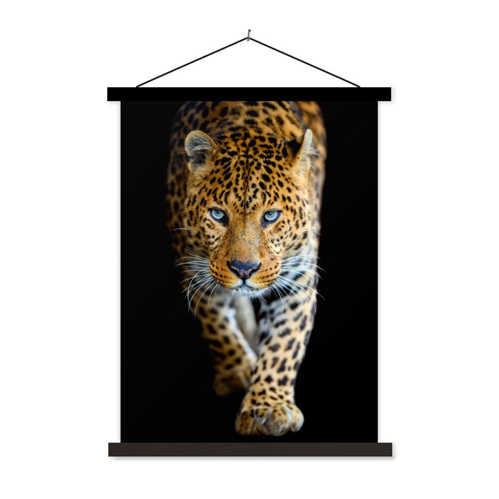 MuchoWow Textilposter Leopard - Tiere - Porträt - Wildtiere - Schwarz 120x160 cm mit schwarzem Rahmen - Magnetischer