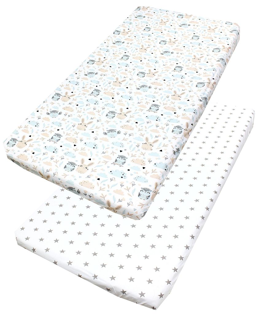 TupTam Baby Spannbettlaken Kinder Spannbetttuch für Babybett Kinderbett 2er Pack, Farbe: Eule Hase Beige / Graue Sterne Weiß, Größe: 90 x 200 cm
