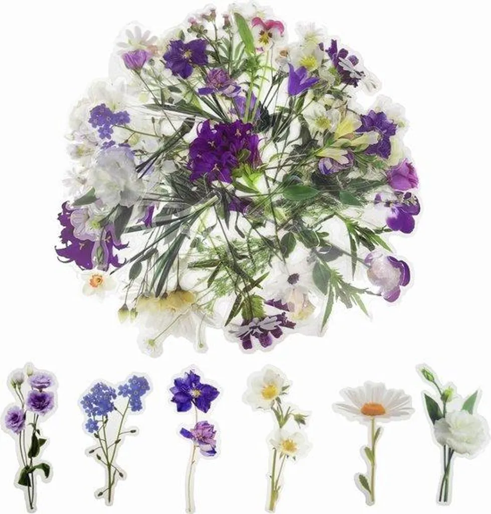 80 Autocollants Floraux Transparents Violet - Stickers DIY Faits Main