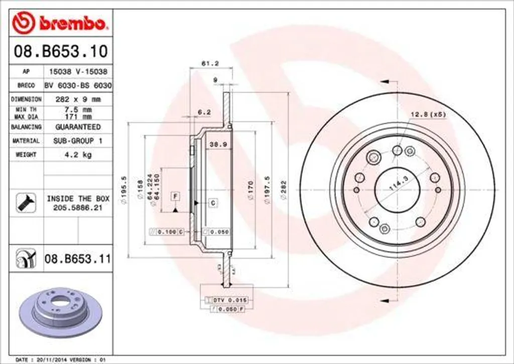Disque de frein Brembo 08.B653.11 pour Accord VII - Qualité OE Honda