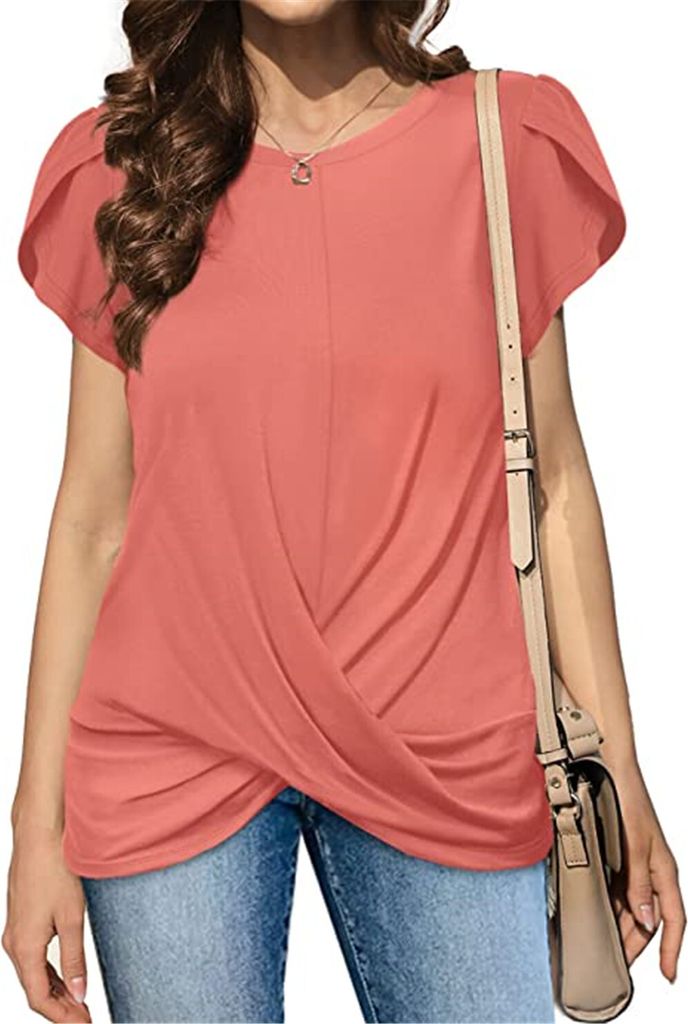 ASKSA Damen T-Shirt Rundhals Kurzarm Blütenblatt Ärmel Shirts Lose Sommer Twist Knoten-Tuniken Blusen Tops, Rosa, S