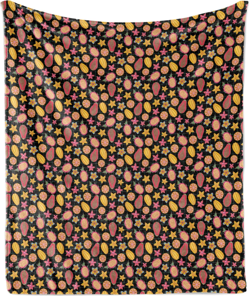 ABAKUHAUS Coperta in morbido pile di flanella con motivi fruttati, immagine di frutti tropicali colorati e fiori su sfondo a quadrati, 175 x 230 cm, grigio antracite multicolore