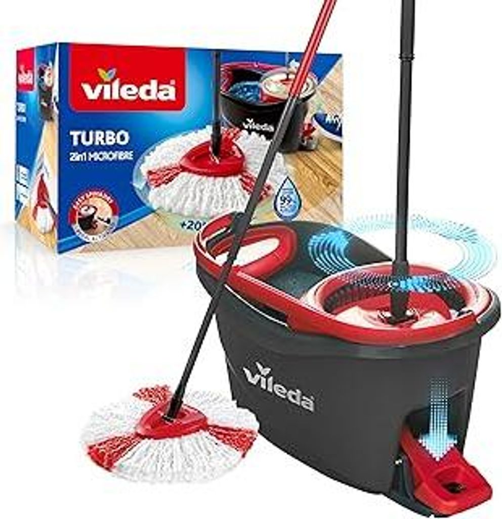 Vileda Turbo Wischmopp Komplett Set | Mikrofaser-Mopp mit Teleskopstiel & Eimer mit Schleuder - Hygienisches und nachhaltiges Wischsystem mit Pedal...