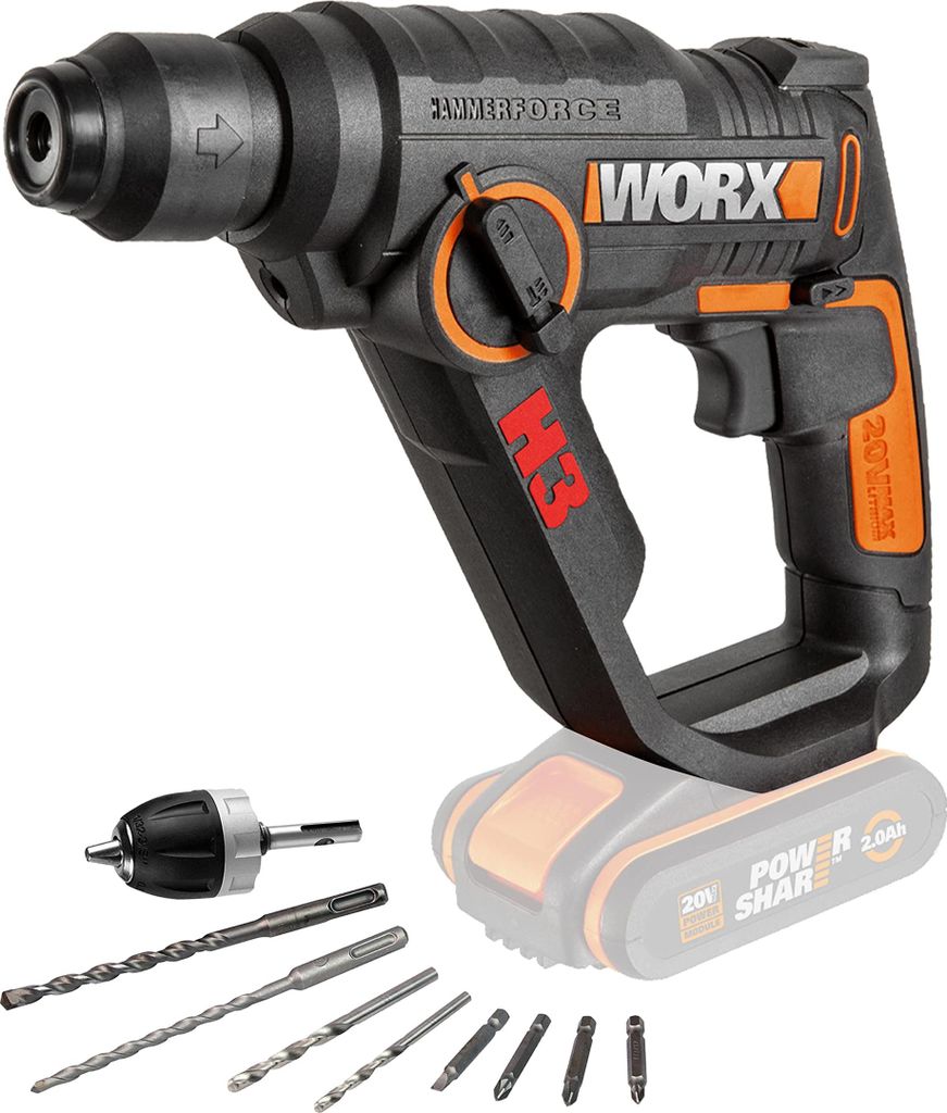 A cordless hammer drill with accessories and a battery pack, presented against a white background.