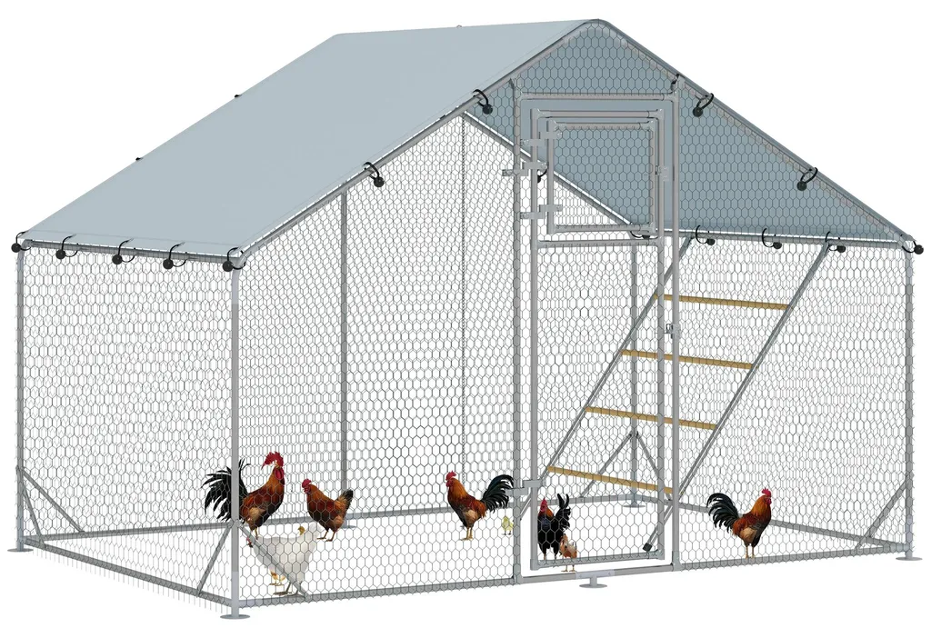 PawHut Poulailler en Acier Galvanisé 3x2x1,95 m avec Enclos Extérieur