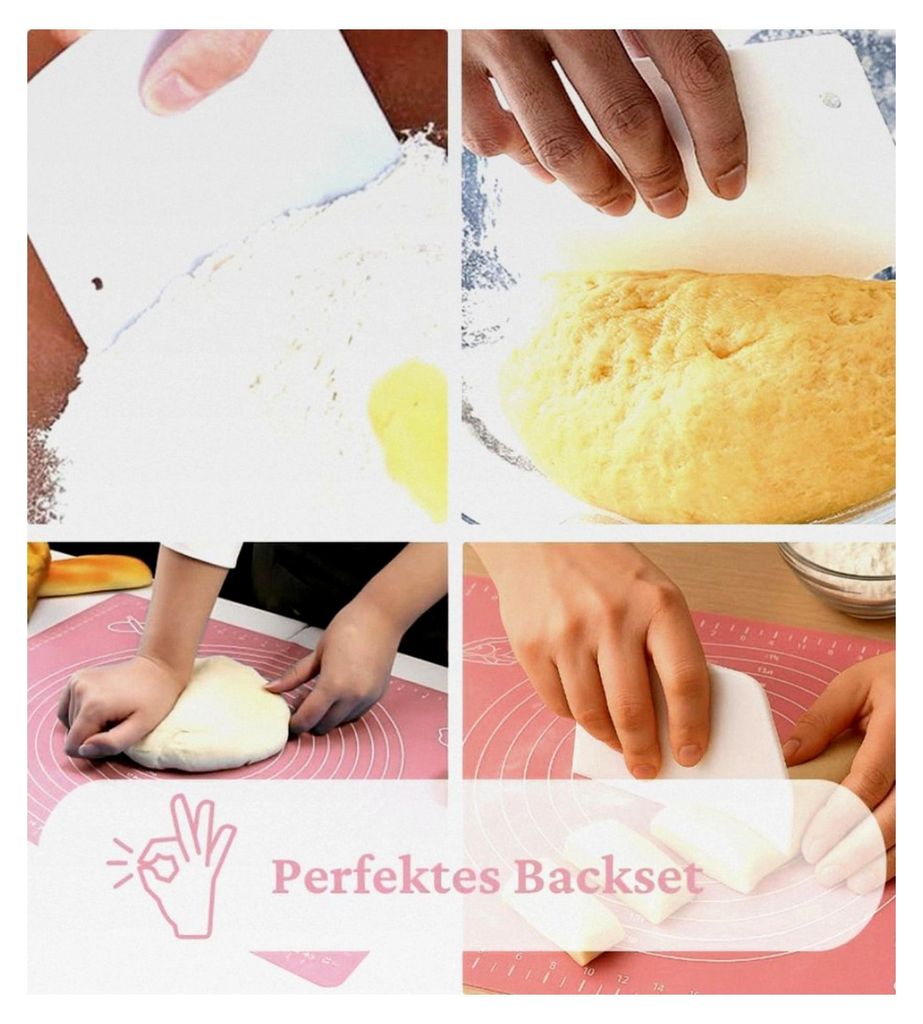 Backmatte und Nudelholz, Silikonbeschichtet | Antihaft Backzubehör mit Holzgriff für Pizza, Nudelteig, Kekse, Kuchen, Gebäck (Rosa (L) mit Teigs...