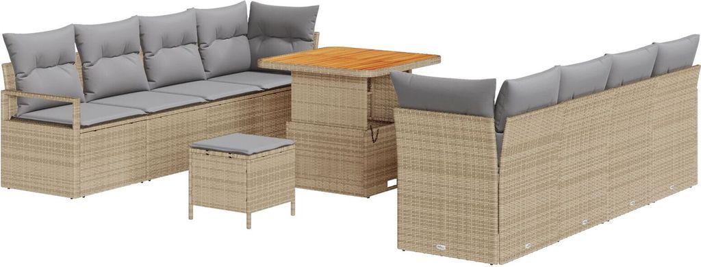 Möbel 11-teiliges Garten Sofa Set mit Kissen Beige Poly Rattan Akazie, 2-Sitzer Garten Sofa mit Kissen Beige Poly Rattan, 3-teiliges Garten Essset...