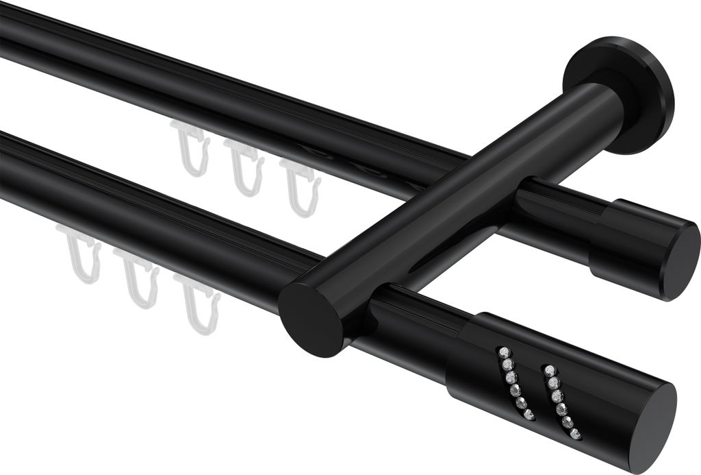 Interdeco Innenlaufstange / Gardinenstange mit Innenlauf Schwarz, Typ Platon Zoena (Glitzerzylinder), 20 mm Ø 2-läufig, 120 cm