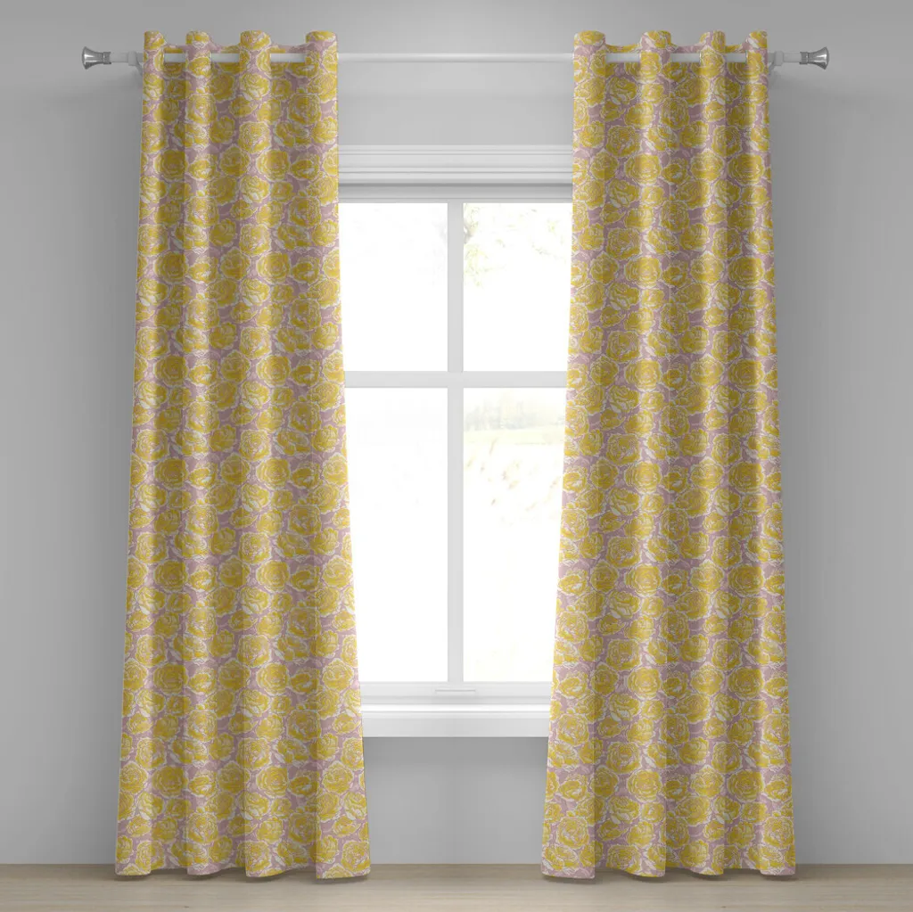 Rideau fleurs jaunes en tissu imprimé 2 panneaux 280x245 cm de haut