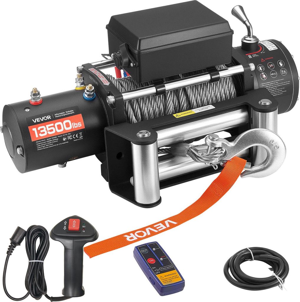 VEVOR Elektrische Seilwinde, 6100 kg, 12 V DC Elektrowinde mit 24 m Seil, kabellose & kabelgebundene Fernbedienung, IP55 Offroadwinde zum Abschlepp...