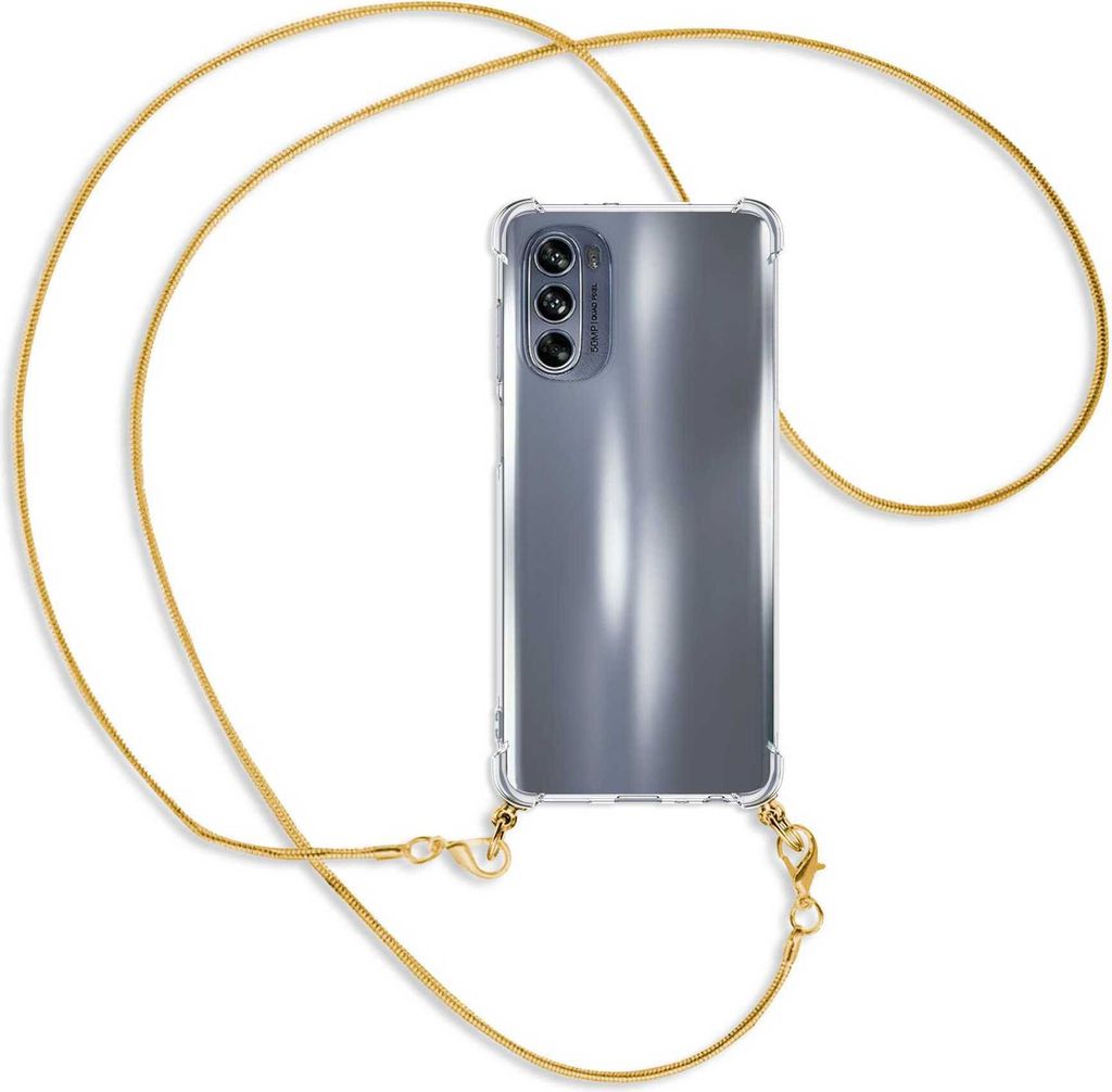 Handykette Backcover-Schutzhülle mit Band (Metall goldfarben) für Motorola Moto G62 5G (6.5'') - goldfarbene Snake-Kette