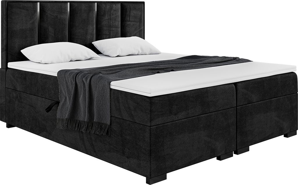 MEBLINI Boxspringbett mit Bettkasten - Gepolstert Doppelbett mit Matratze und Topper - Polsterbett mit Stauraum - Bett mit Kopfteil - Antonio Black...