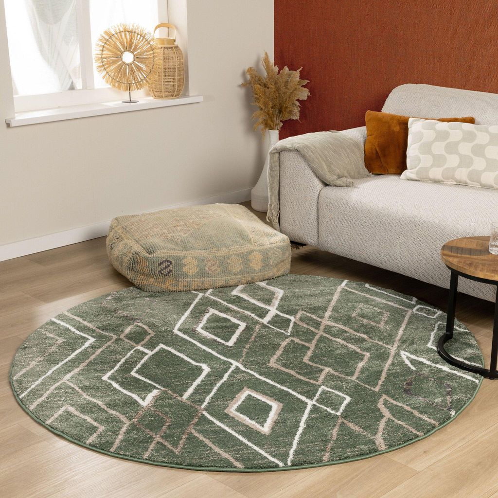 Volero - Berberteppich Rund - Blend Diamond Grün - Ø 160cm - Wohnzimmer, Schlafzimmer - Boho