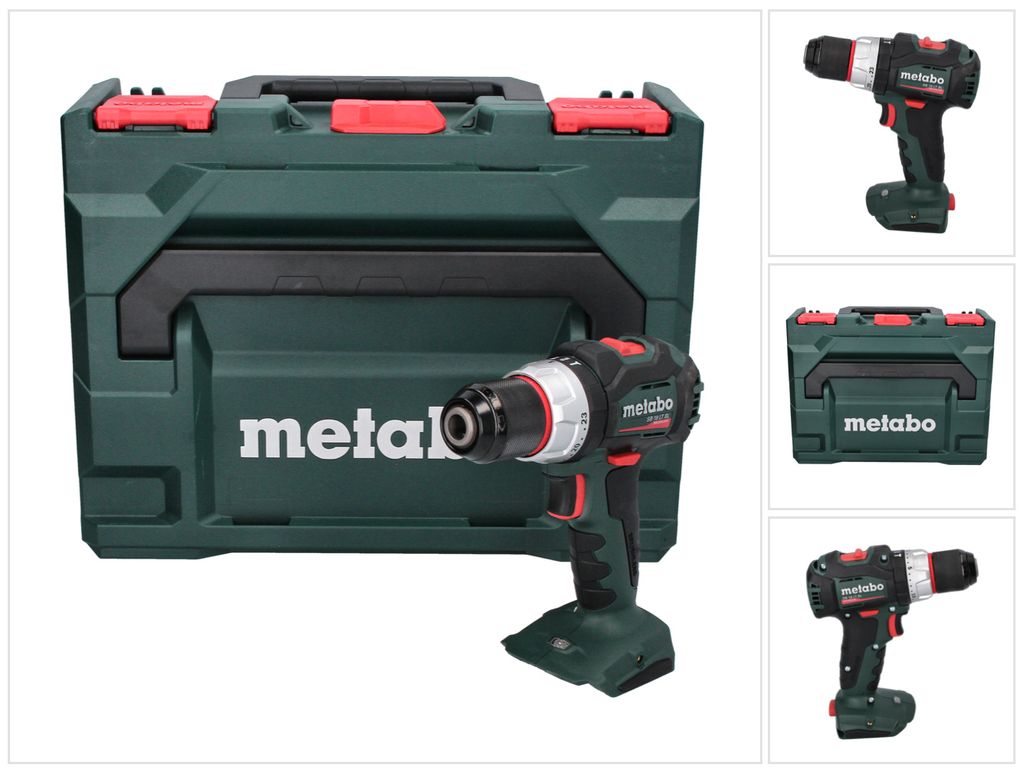 A collage of images showing a Metabo cordless impact drill and its carrying case.