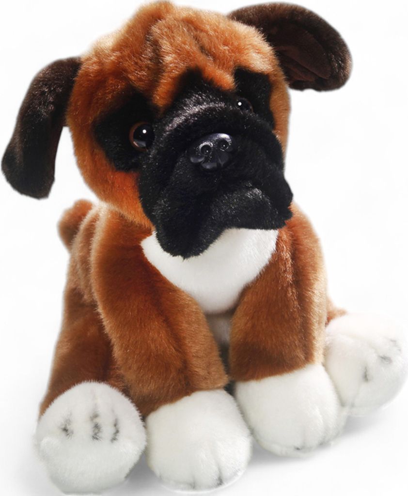 A plush toy boxer dog sits facing forward against a white background.