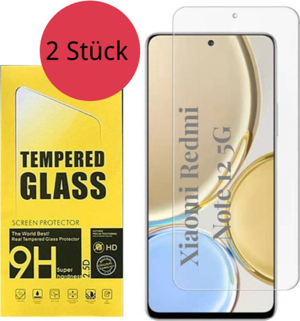CLM-Tech 2er Set Displayschutzfolie kompatibel mit Xiaomi Redmi Note 12 5G Panzerfolie Panzerglas Crystal Clear Displayschutz 9H Glas Displayfolie ...