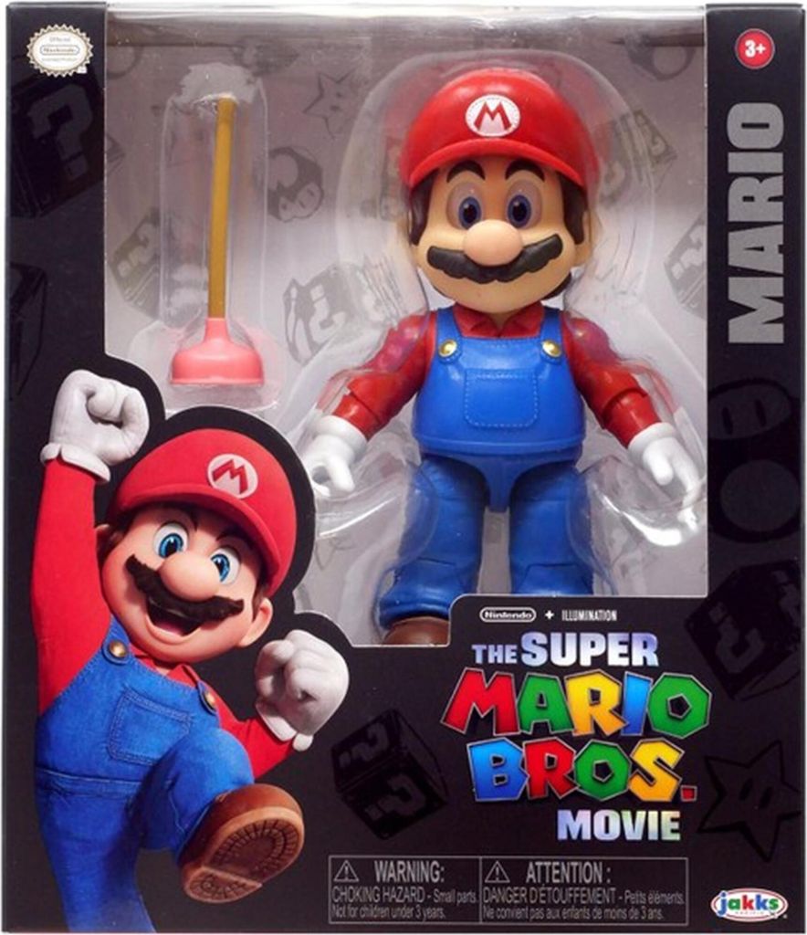 The image shows a boxed action figure of Mario from The Super Mario Bros. Movie.