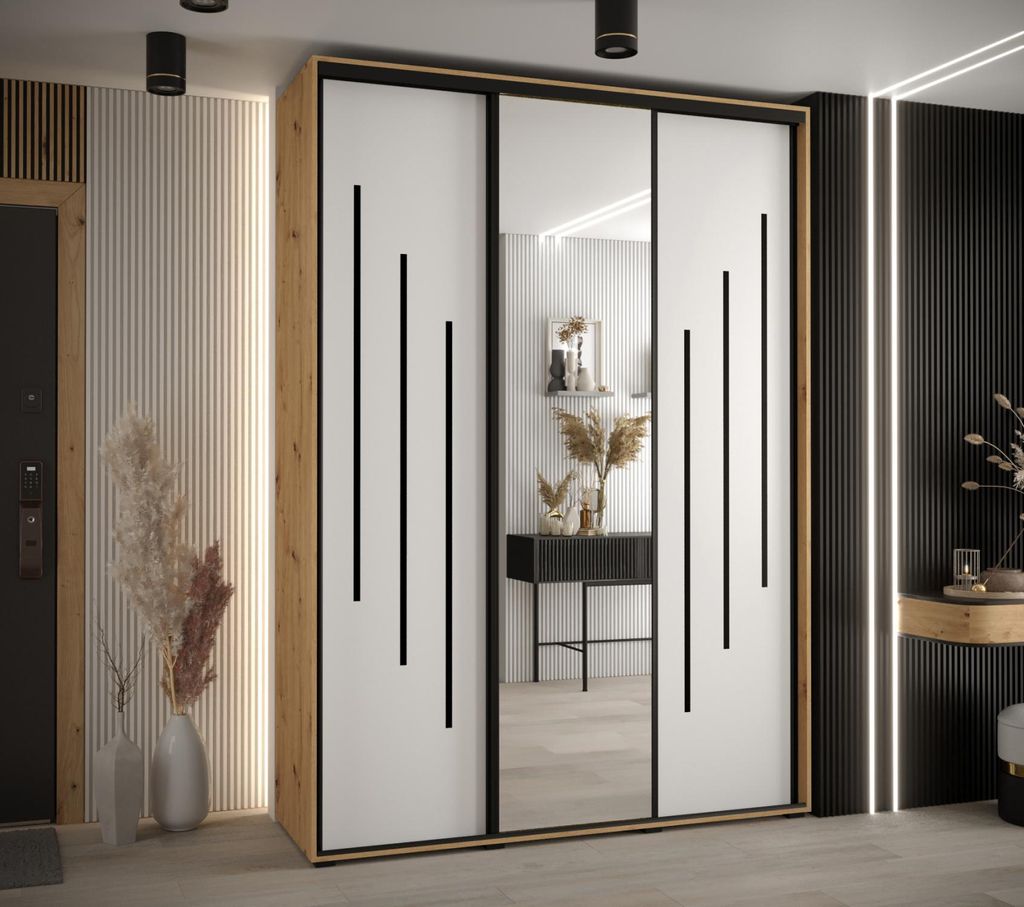 Kleiderschrank YVONA 9 - 180/45 cm, Eiche handwerklich / weiß / schwarz